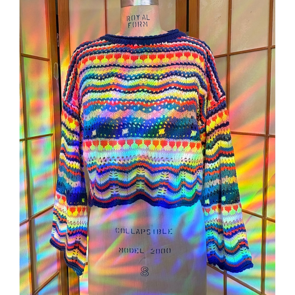 Rainbow Crochet Sweater Cropped Striped Knit Boho Festival VRG GRL S/M